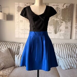 Vintage Annabelle Women's Black Blue Bow Pleated Fit Flare Dress Medium